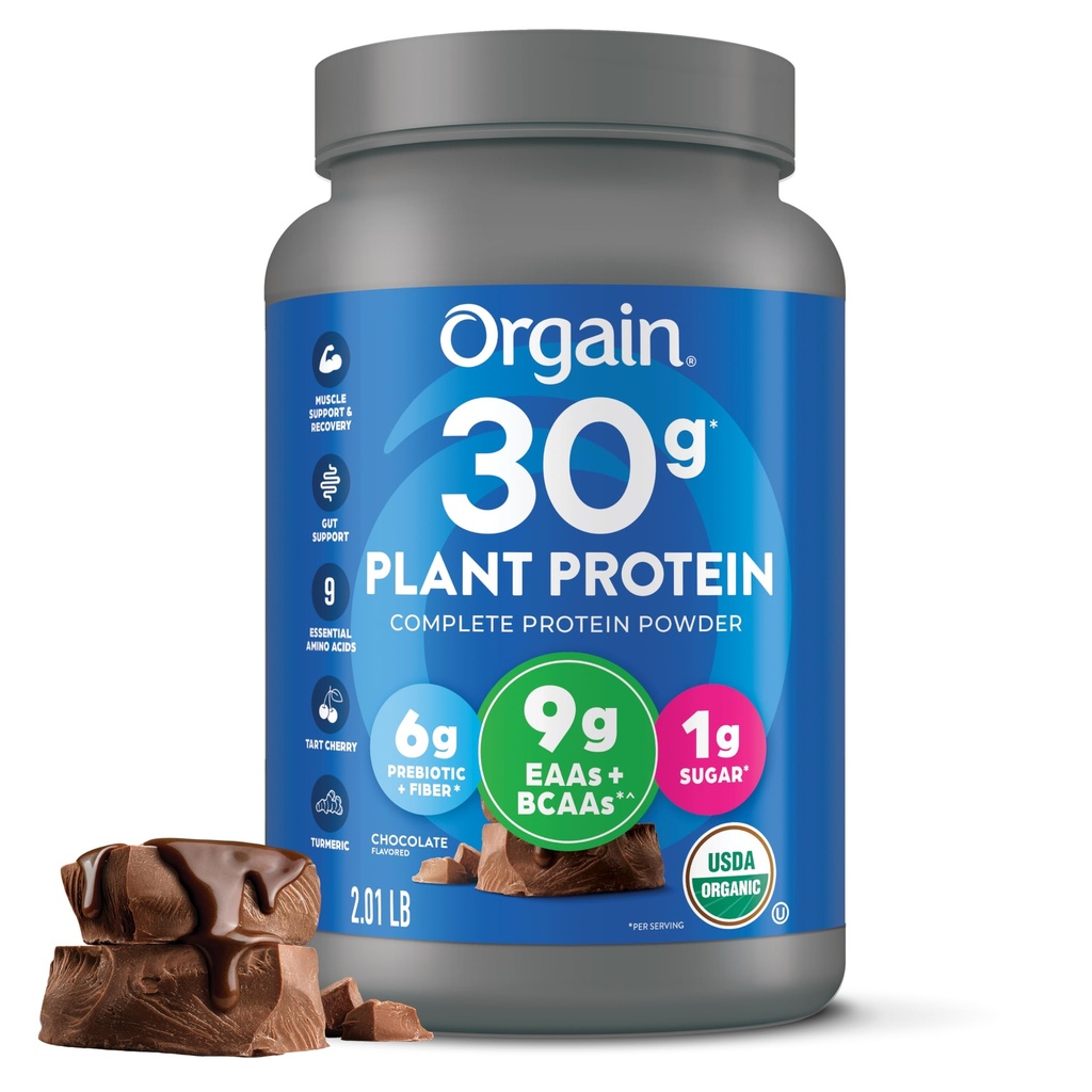 Orgain Organic 30g Vegan Protein Powder, Chocolate 9g EAA + BCAA, Plant Protein, 6g Prebiotic + Fiber, 1g Sugar, Pre- Workout, Muscle Support + Recovery - 2.01lb (Balení květen Vary)