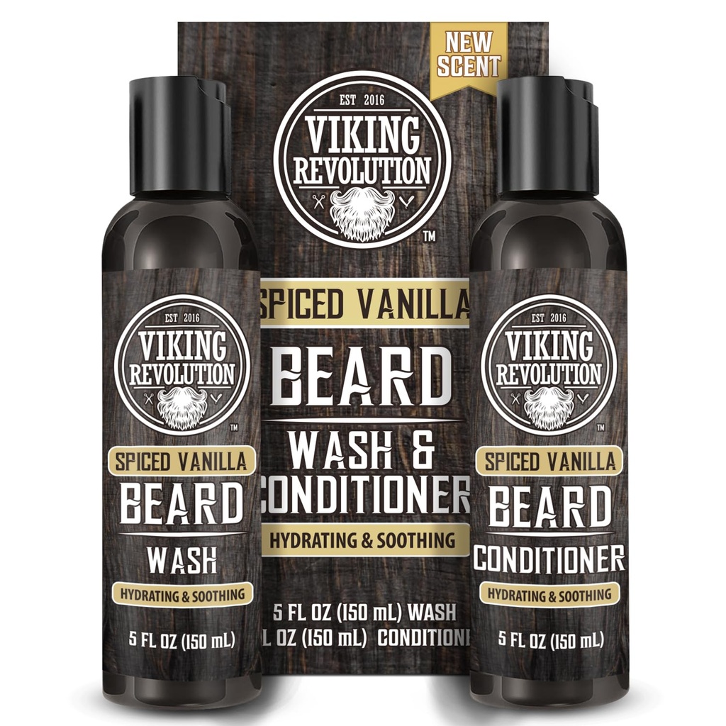 Viking Revolution Beard Wash and Beard Conditioner for Men with Argan Oil and Jojoba Oil - Beard Softtener and Posilovač Beard Care Shampool and Conditioner with Beard Oil (5oz, Spiced Vanilla)