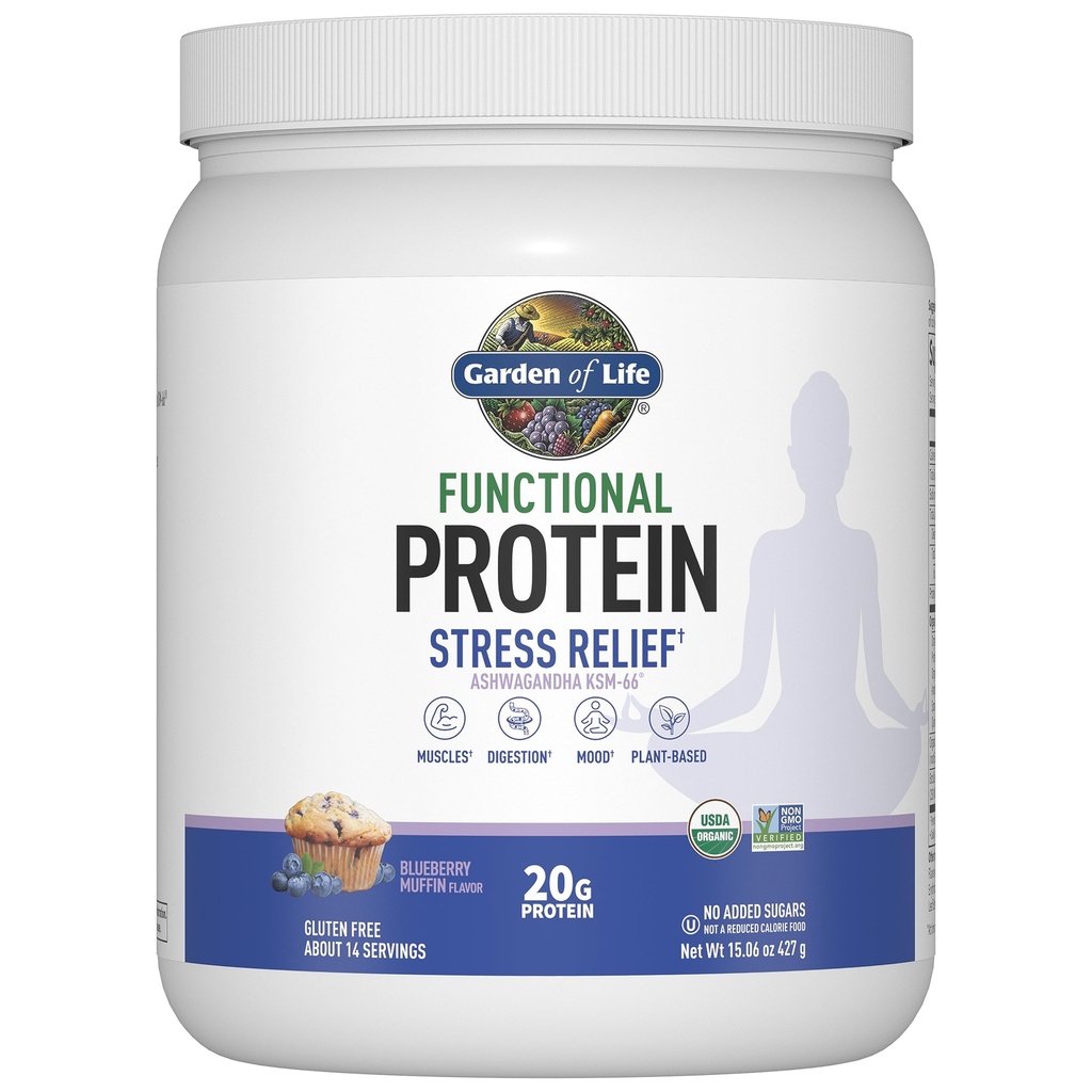 Zahrada života - Functional Protein Stress Relief - 20g Organic Sprinted & Fermented Protein Blend - Blueberry Muffin, Mood Blend for Stress Management, Ashwagandha KSM-66, Vegan - O 14 Služeb