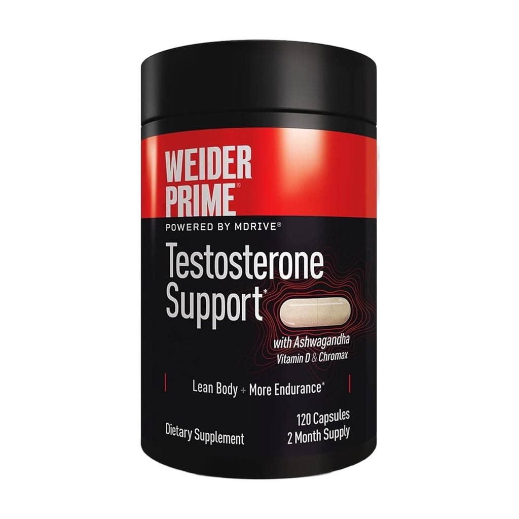 Weider Prime Testosteron Support - Pánská výživa - Obohacené vitamíny a minerály - s Ashwagandha, Chromax Chromium, Bioperin & Zinek - Gluten zdarma - 120 Kapsle
