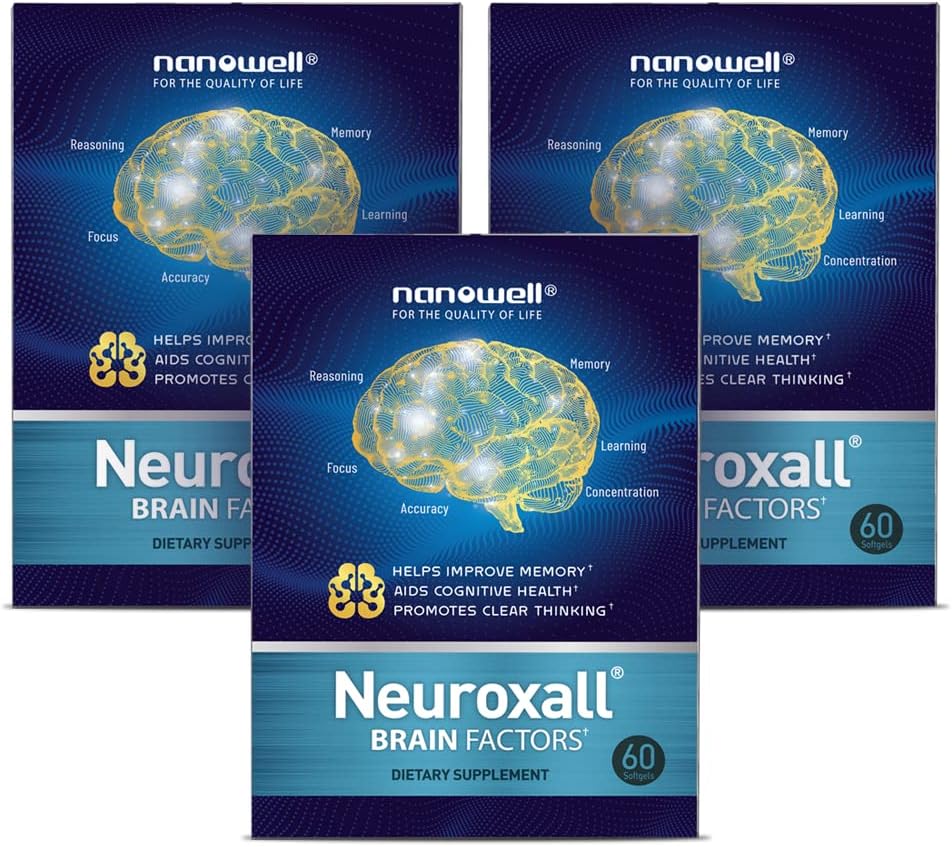 NANOWELL Neuroxall Brain Health Supplement for Enhanced Cognitive Function and Mental Clarity, Astaxanthin, Ginkgo Biloba Extract, Antioxidant - 60 Softgels X 3 Boxy pro 3 měsíce (180 Počet)