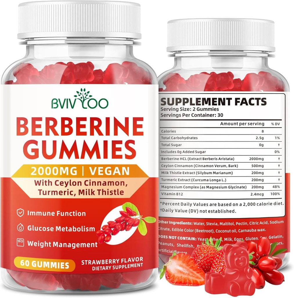 Berberine Gummies, Sugar Free 2000mg High Potency Berberine HCI Dodatek, Plus Ceylon Skořice, Mléčné Thistle pro ženy a muže, imunitní systém & Metabolismus Podpora - 60 Gummies