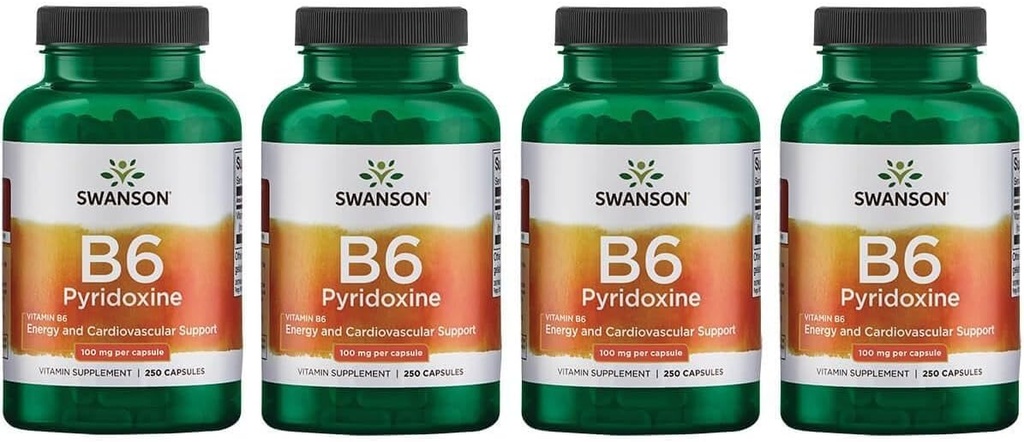 Swanson B6 Pyridoxin - dodatek k vitamínu na podporu kardiovaskulárního zdraví a energetického metabolismu - Natural Formule na podporu celkového wellness - (250 Kapsle, 100mg každý) (4 balení)