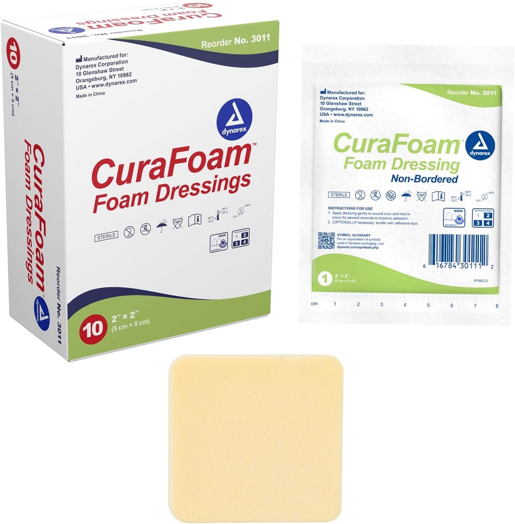 Dynarex 3011 Foam Dressing, Non- Borded, Sterile, poskytuje Cushioned a Moist Wound Care, 2 "x 2", balení po 10 ks