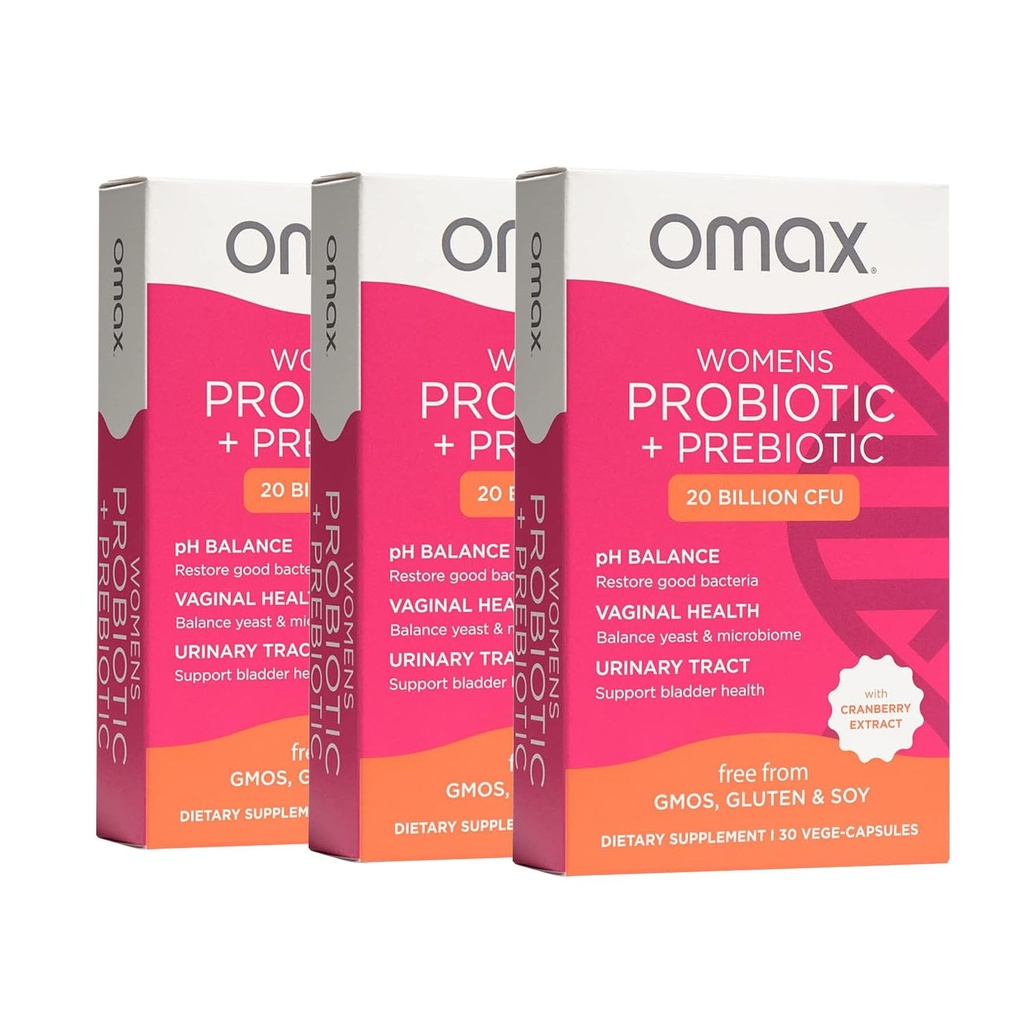 Omax3 Womens Probiotic + Prebiotic, Cranberry & Chicory Root, 20 Miliardy CFU, 6 Klinicky osvědčené páry, Vaginální pH, UTI, Bloating, (Balení květen Vary) 124; 90 Vege Kapsle (3 krabice)