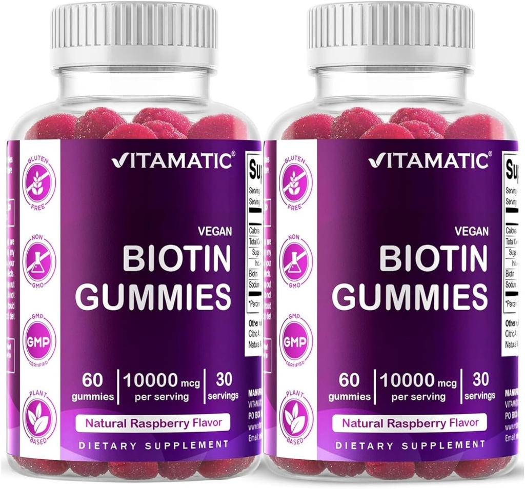Vitamatic Biotin Gummies 10,000 mcg pro silnější vlasy, kůže a nehty - 60 Vegan Gummies - Také nazývá vitamin B7 (2 láhve)