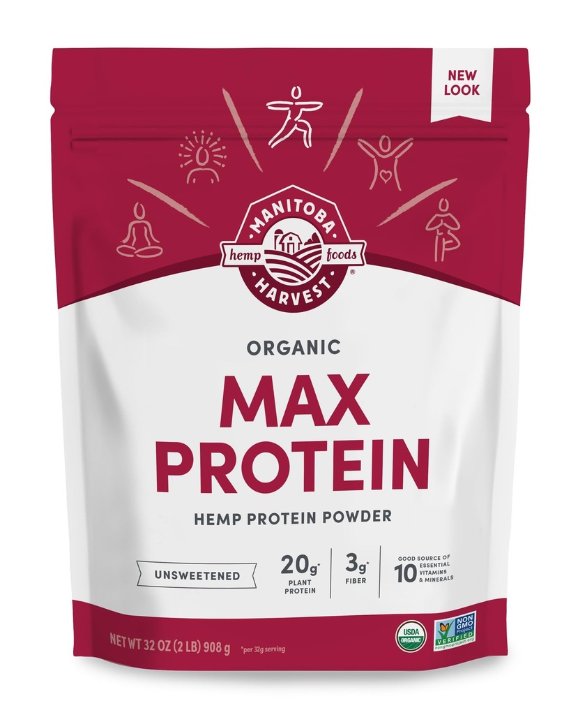 Manitoba Harvest Hemp Yeah Organic Max Protein Powder, Neslazený, 329oz, s 20g Protein a 4.5g Omegas 3 & 6 per Serving, Keto- Friendly, Konzervační zdarma, Non- GMO, Balení May Vars