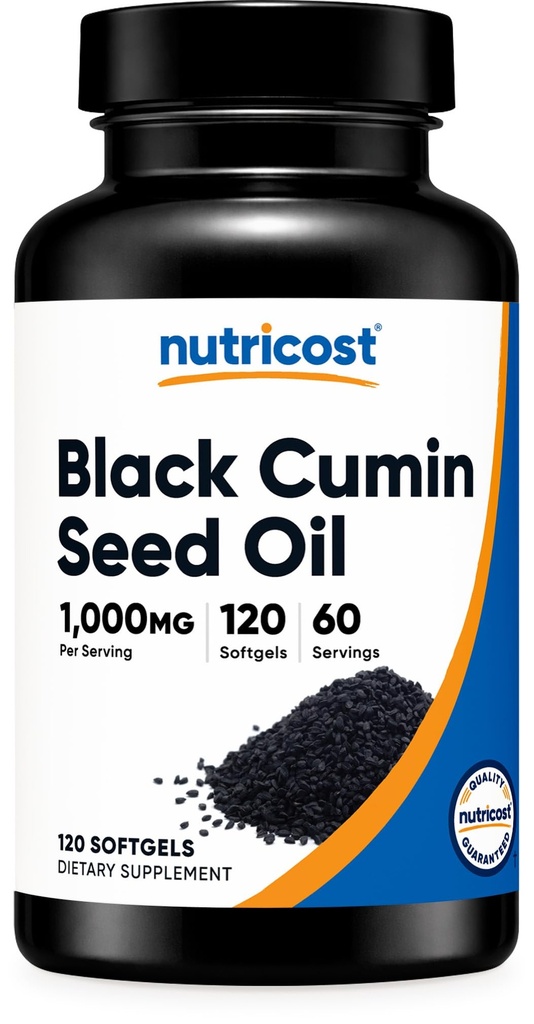 Nutricost Black Seed Oil (Cumin) - Cold Pressed, Zdroj Omega 3 6 9-120 Softgels, 1000mg per Serving, 60 Servings - Non- GMO a gluten zdarma