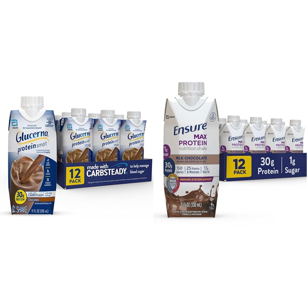 Glucerna protein Smart Nutritional Shake & Secure Max Protein Nutrition Shake with 30g of Protein, 1g of Sugar, High Protein Shake, Milk Chocolate, 11 Fl Oz (Pack of 12), Liquid, Halal