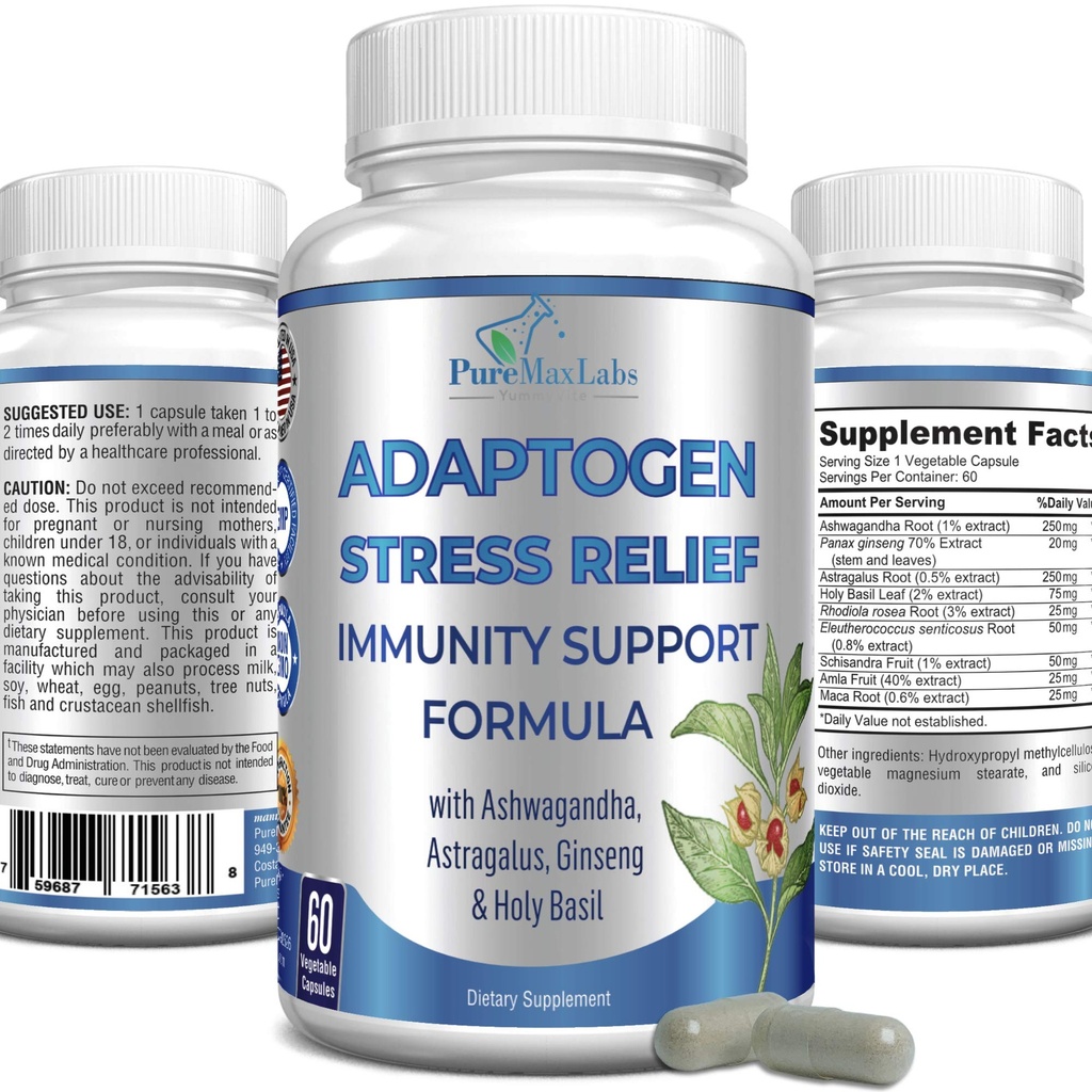 Adaptogen Stress Relief Imunitation Support Formule - Adaptogenní Adrenal Podpora s Ashwagandha, Astragalus, Ginseng, Svatý Basil, Rhoddiola, Amla, Maca, Schisandra, Non- GMO - 60 Kapsle