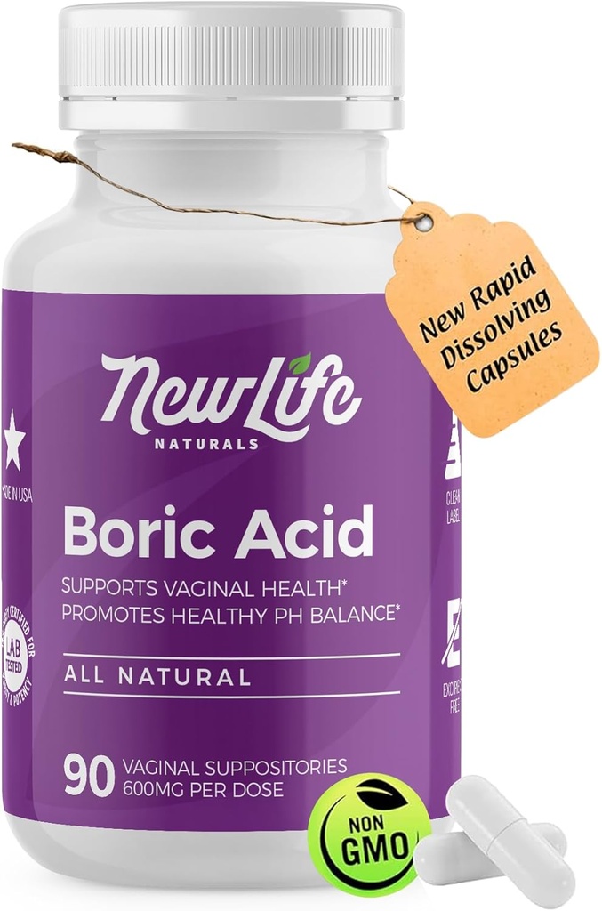 NewLife Naturals - Medical Grade Boric Acid Vaginální Suppositors - 600mg - 100% čisté Womens pH Balance pilulky - kvasinková infekce, BV - 90 Kapsle: Made in USA