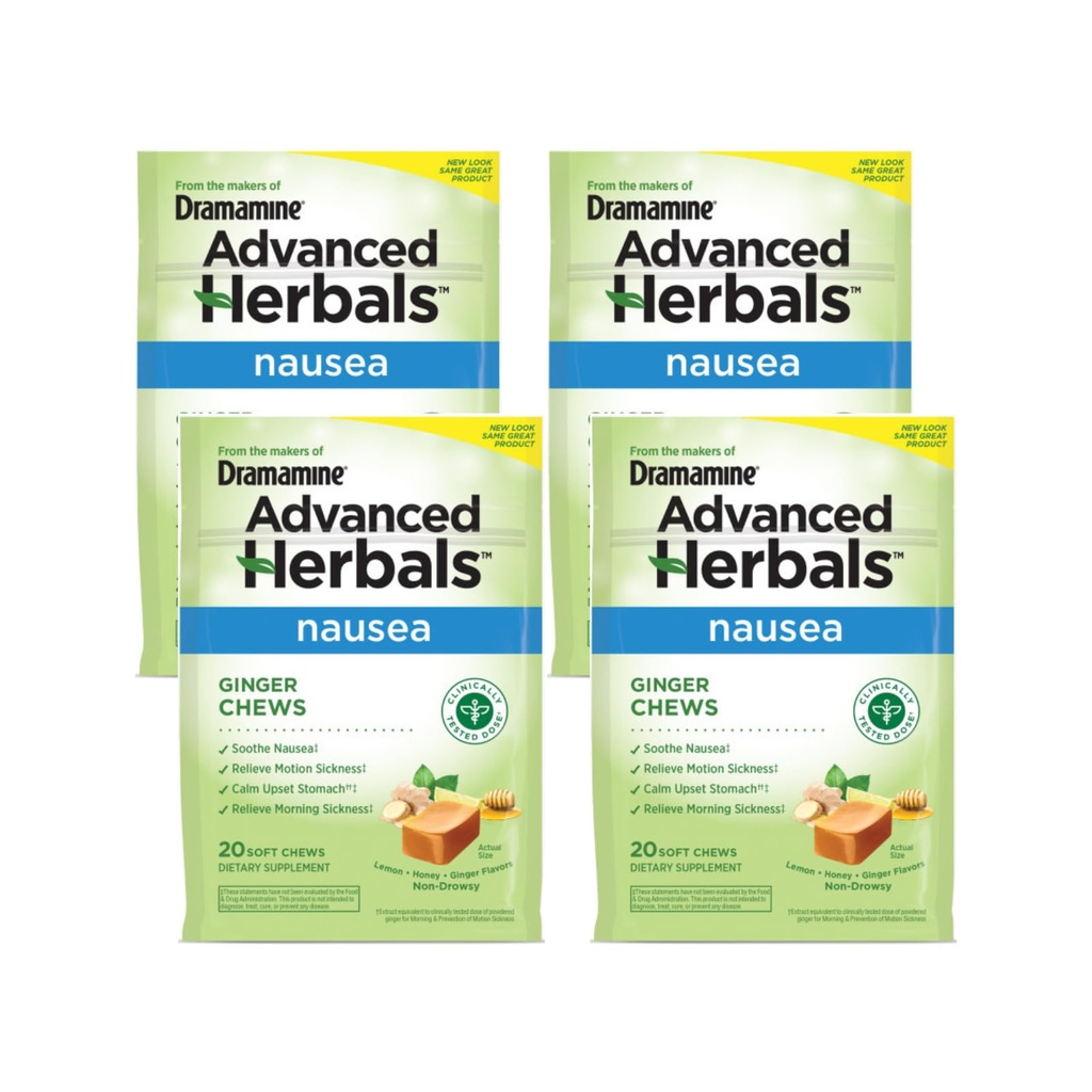 Dramamin Ginger Chews, Pomáhá s Nausea, Lemon Honey Ginger Flavor, 20 měkkých Chews (balení po 4)