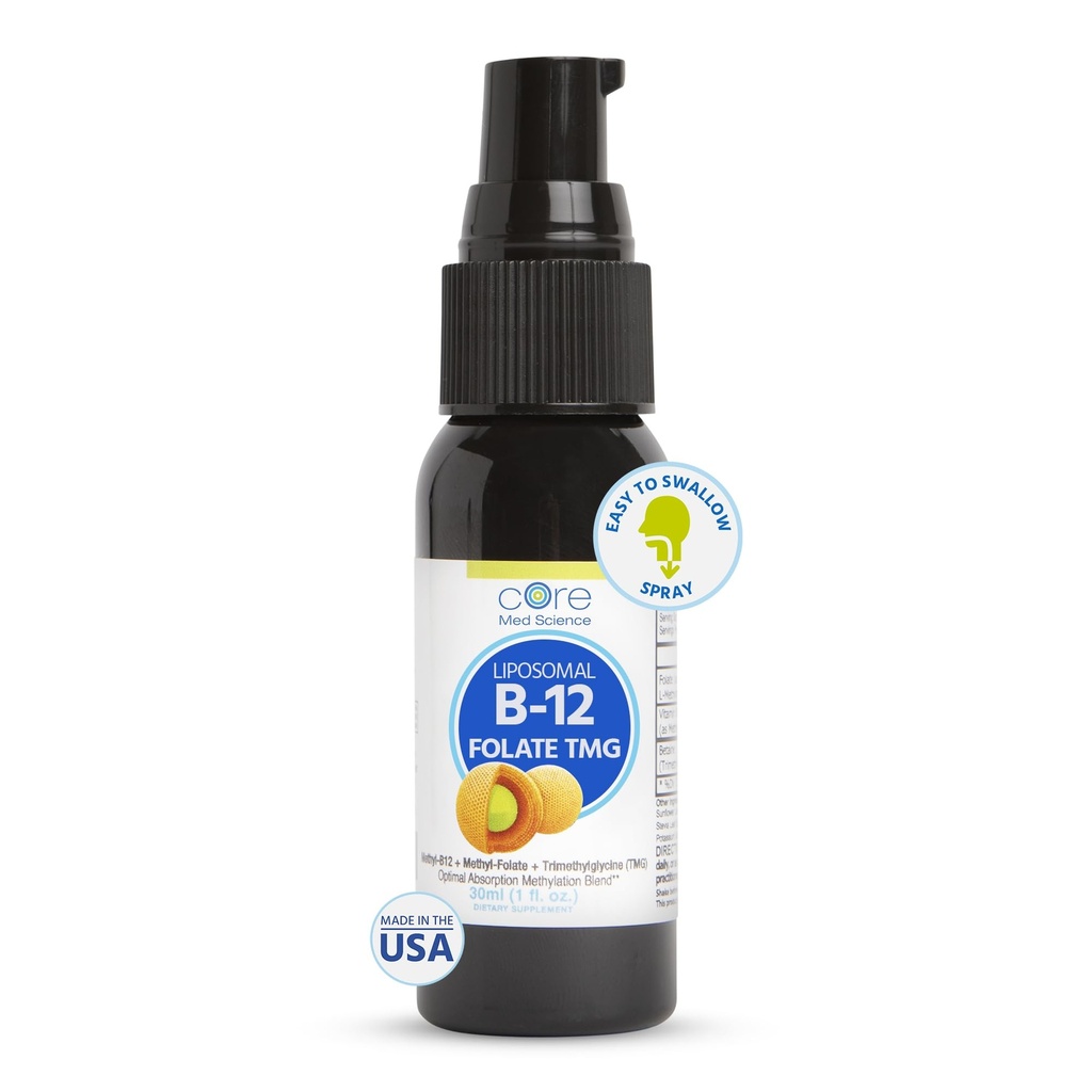 Core Med Science Liposomal B12 Folate TMG Liquid Spray Dodatek pro ženy a muže - Podporuje Mood, Cognitive, & Srdce zdraví - Vitamin B9 & Betaine pro Homocysteine Levels & Methylation Cycle, 1 Fl Oz