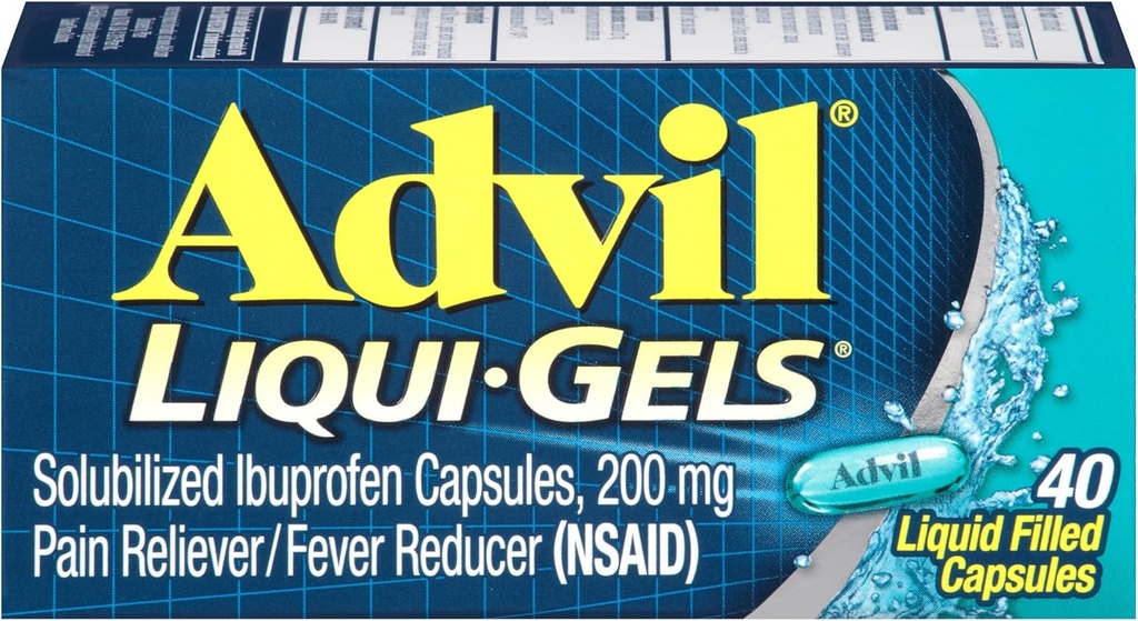 Advil Liqui- Gels Pain Reliever and Fever Reducer, Pain Medicine pro dospělé s Ibuprofen 200mg pro bolest hlavy, záda, menstruační bolest a kloubní bolest - 40 Tekuté plněné kapsle