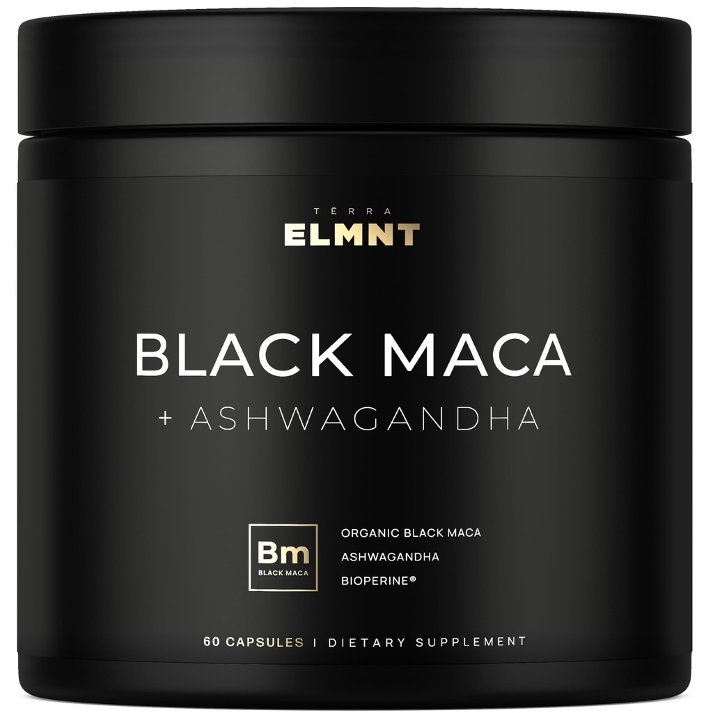 ELMNT 40,000mg 40x Síla Organic Black Maca Root w. Ashwagandha - # 1 Nejvyšší potence Black Maca Root Kapsle pro muže dodatek 40: 1 Extrakt - 100% čisté Maca Peruana Maca prášek pilulky Gelatinized