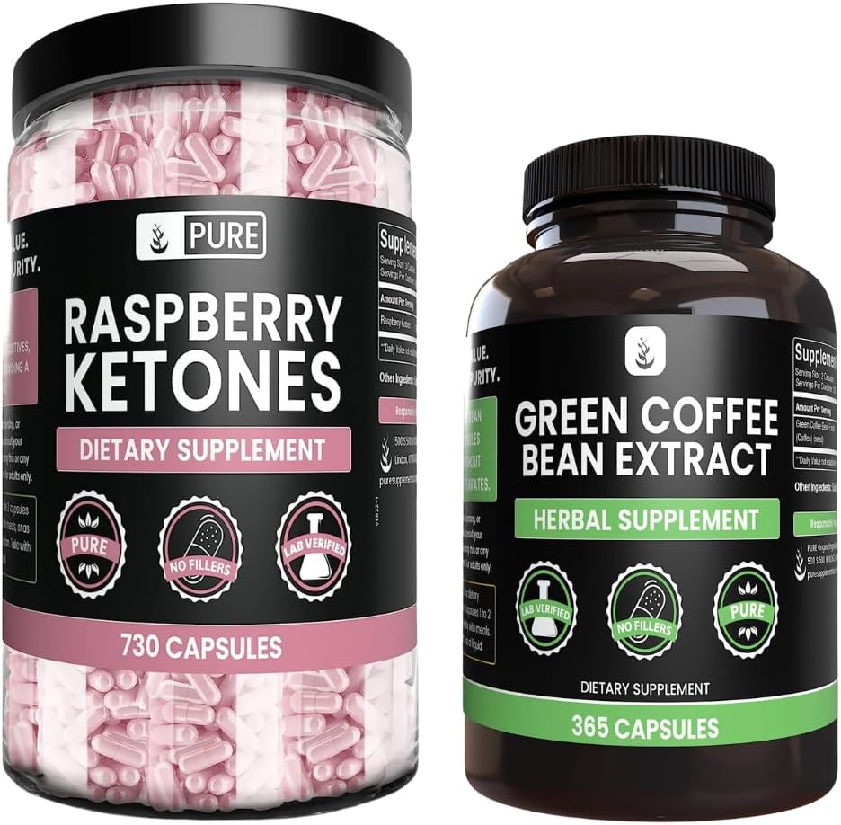 PURE Original INGREDIENTS Raspberry Ketone a Green Coffee Bean Extract Bundle, Různé velikosti, No Fillers, Laboratoř ověřen