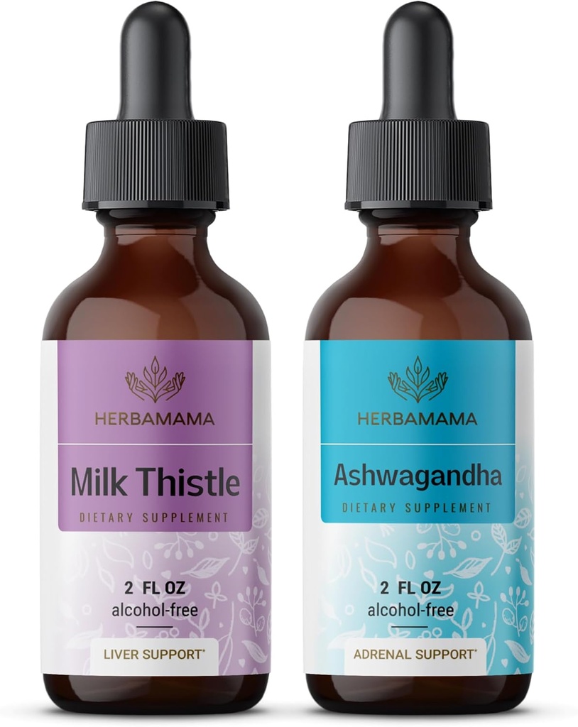 HERBAMAMA Herbal Liquid Drops Kit - Bundle of Milk Thistle Extract & Ashwagandha Root Tincture 2 fl oz - Vegan, Non- GMO, Sugar & Alcohol- Free - 2 Pack