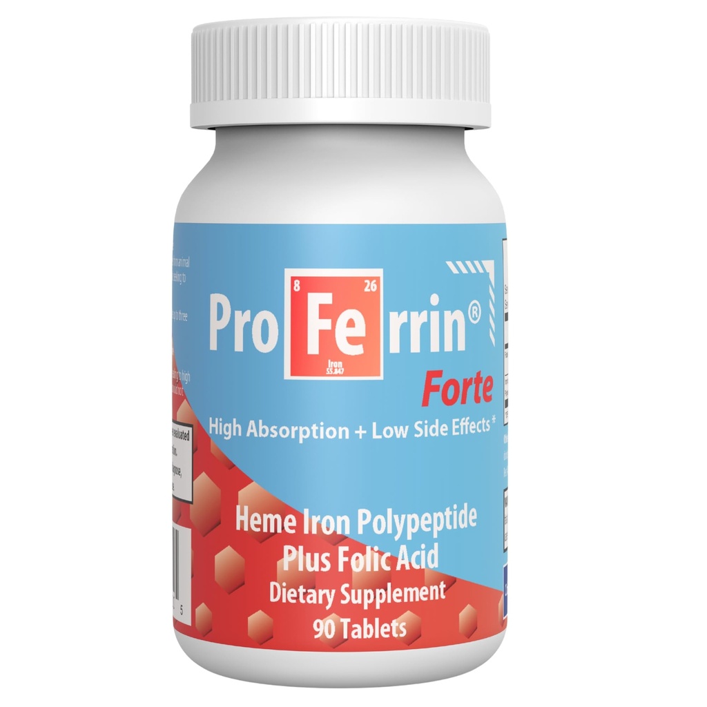 Proferrin Forte- 12 mg vysoké Absorpční Heme Iron Polypeptidum. Snadné na Gut. 90 Tablety. 1mg kyseliny listové na pomoc při výrobě červených krvinek. Neovlivňuje to káva, vápník, nebo PPI.