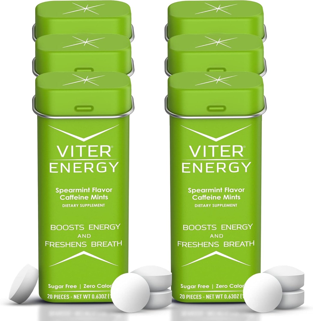 Viter Energy 40 mg Coffeine Mints - Cukr zdarma, B Vitamíny, Vegan, Zvyšuje rychlý energetický upozornění Focus, Caffeinated Nootropic Doplněk pilulky (Spearmint Flavor, 20ks, 6 Pack, 120ks Celkem)