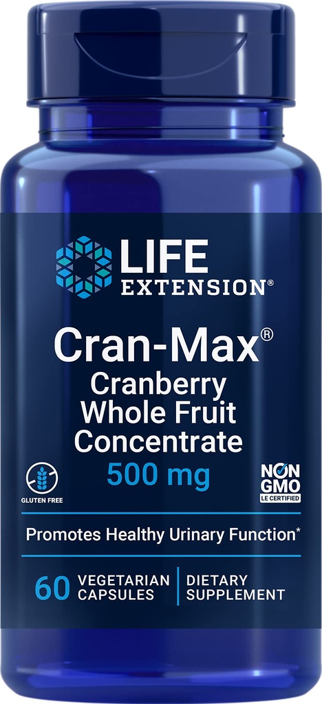 Life Extension Cran- Max ®, 500 mg, Cranberry celý ovocný koncentrát, Promotes Urinary Tract Health with Powerful Antioxidants, Gluten- Free, Vegetarian, Non- GMO, 60 Kapsle