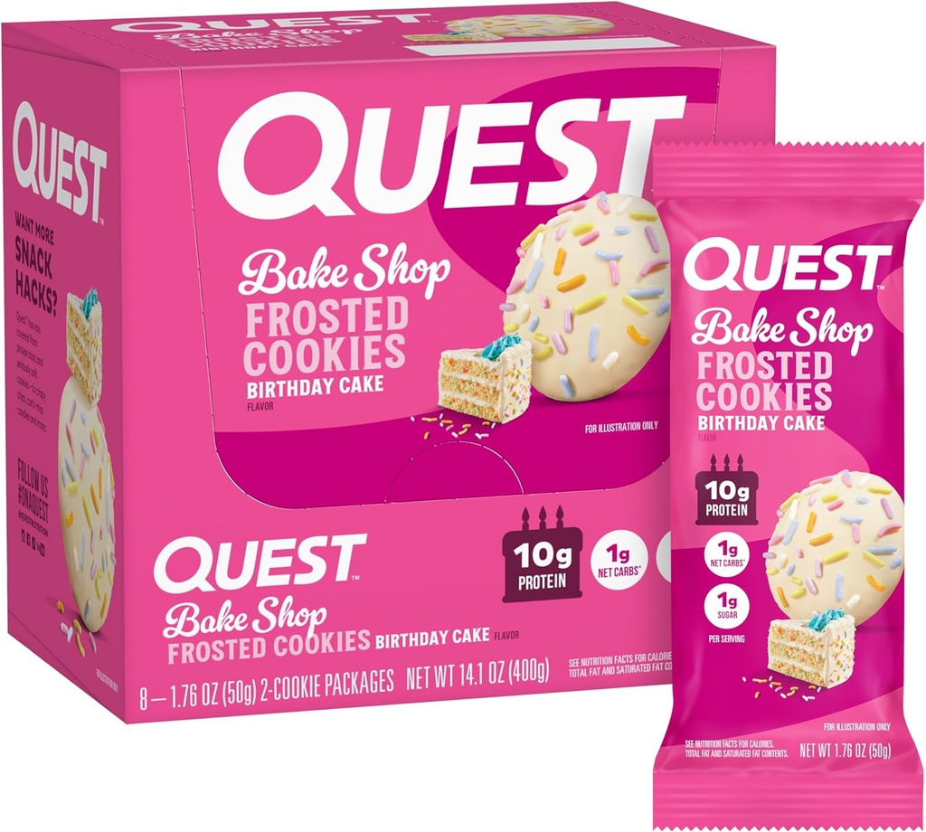 Quest Nutrition Masted Cookies Twin Pack, Narozeninový dort, 1g Cukr, 10g Protein, 2g Net Carbs, Gluten Free, 8 Počet (balení po 1)