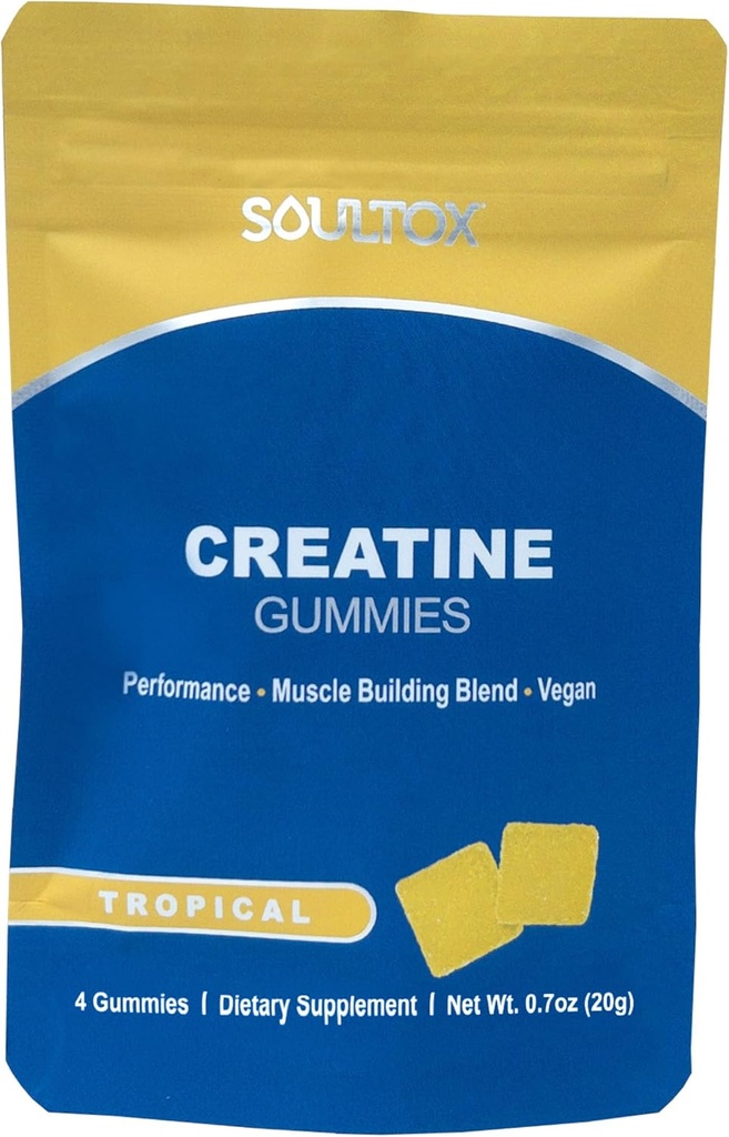 Soultox Creatin Gummy Packs - Tropické Flavor - Infuze s Creatin Monohydrát - Potenciální podpora růstu svalů - Delicious & All Natural Vegan Formule pro guilt Free Indulgence - 10 Pack
