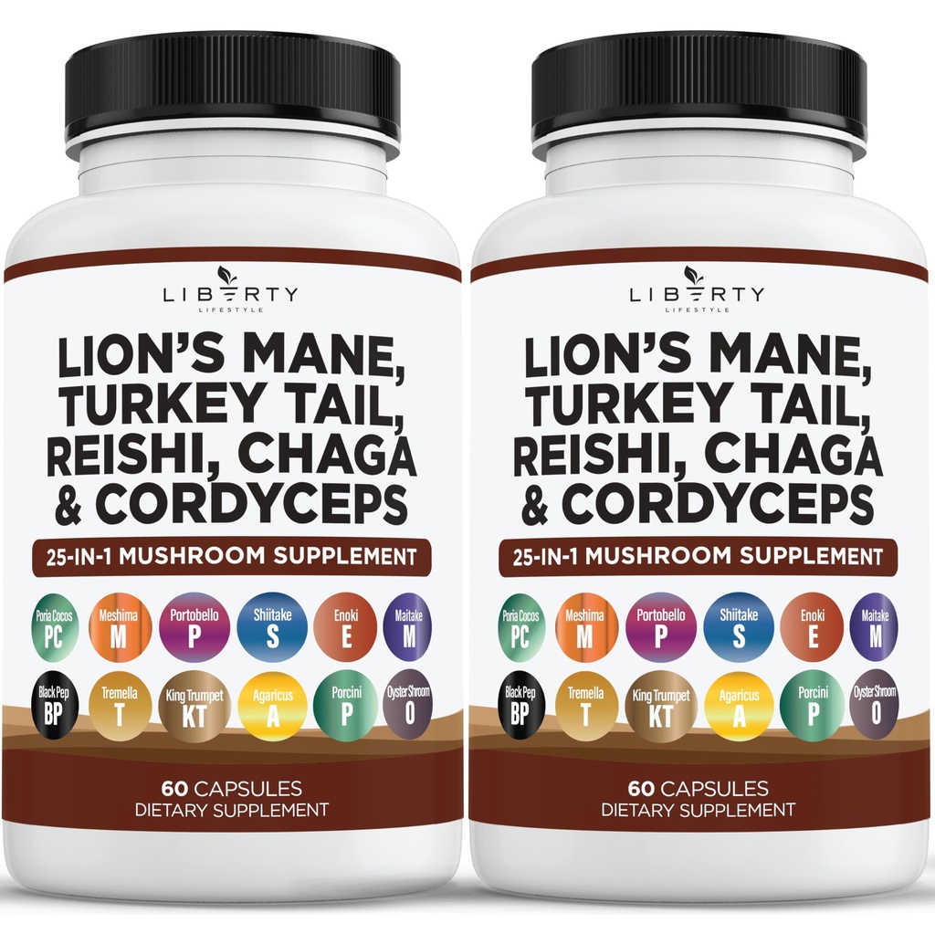 Lions Mane Houbový dodatek s krůtím ocasem Reishi Cordyceps Chaga s marshmallow kořene - 2-Pack