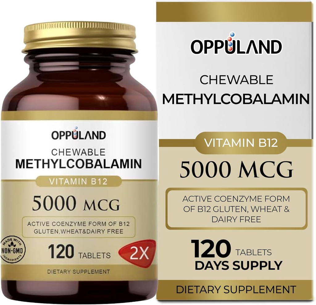 Methyl B-12 5000mcg Žvýkací s folátem - Vitamin B12 Methylkobalamin Sublingvální tablety - Podporuje energii a funkci mozku - Veganský dodatek - Orange Flavor - 120 Počet