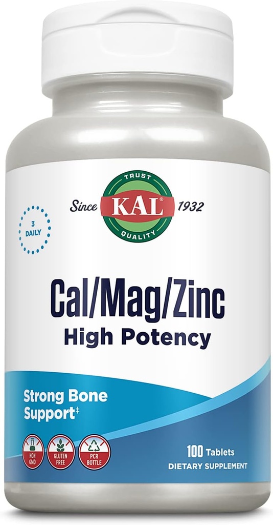 KAL Cal / Mag / Zinek CLA124; 1000mg vápníku, 400mg hořčíku a 15mg zinku CLA124; kosti, svaly, srdce a imunitní podpora CLA124; 100ct, 33 Serv