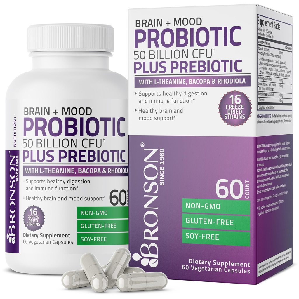 Bronson Brain + Mood Probiotic 50 miliard CFU Plus Prebiotic s L- Theanine, Bacopa a Rhodiola Non- GMO, 60 Vegetariánské kapsle