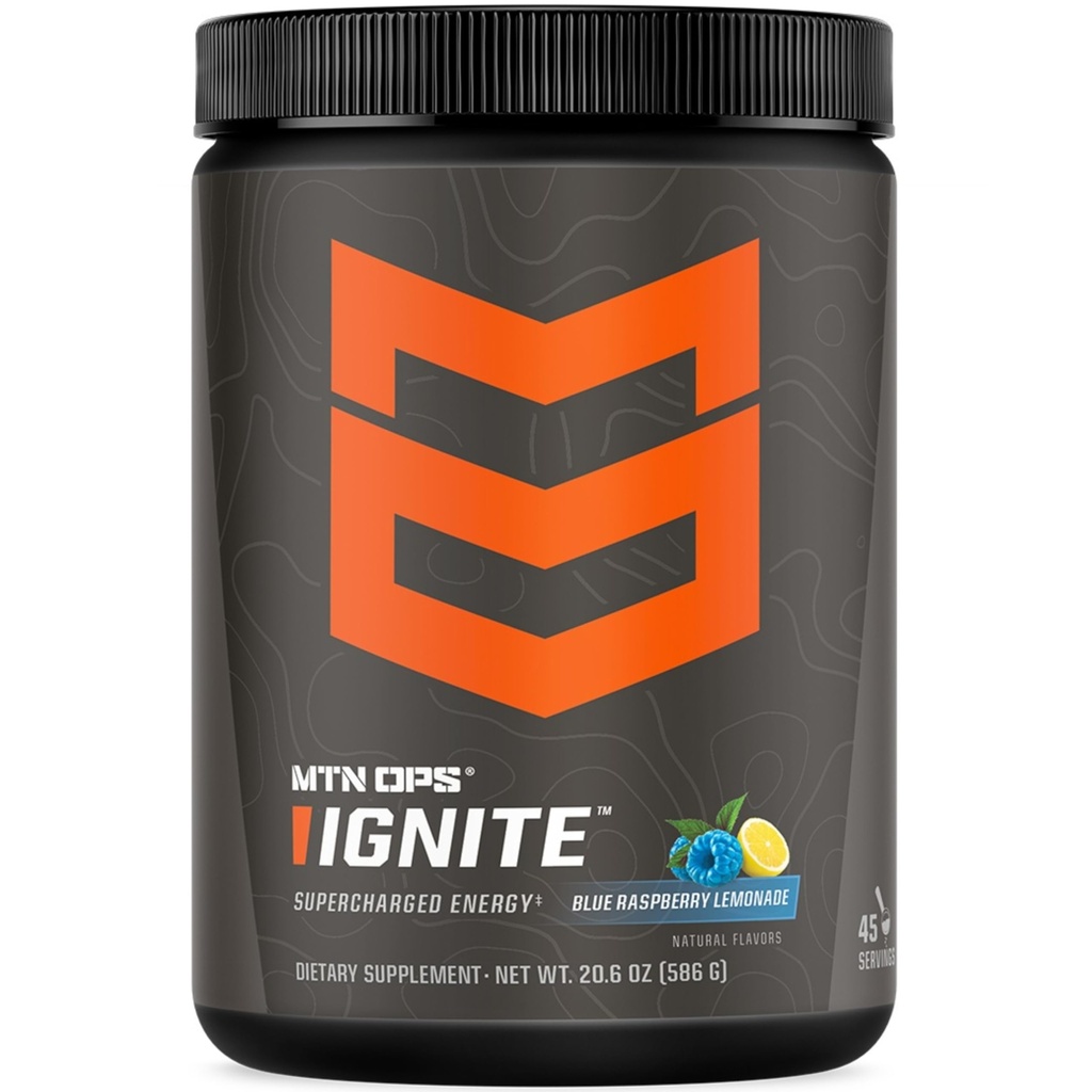 MTN OPS Ignite Energy Drink Powder, Gluten Free Nootropic Supplement Drink Mix, L Arginin, L Citrulline, Kofein & Nootropic Sugar Free Drink Mix, 45 Servings, Blue Raspberry Lemonade