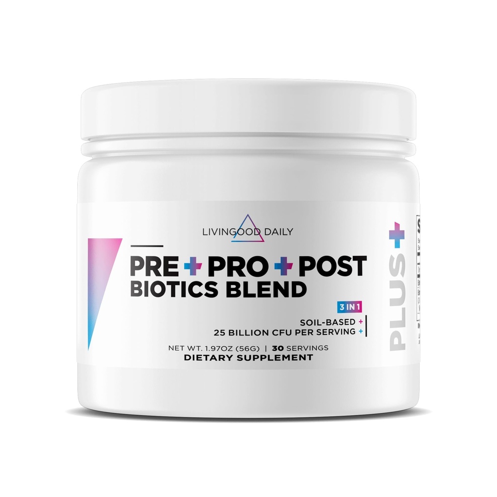 Livingood Daily Pre Pro Post Biotics Blend Powder, Dědičný doplněk zdraví s prebiotiky z organické modré Agave Inulin, SBO Probiotika, Probiotika pro ženy a muže, Non GMO, Vegan, 30 Služeb
