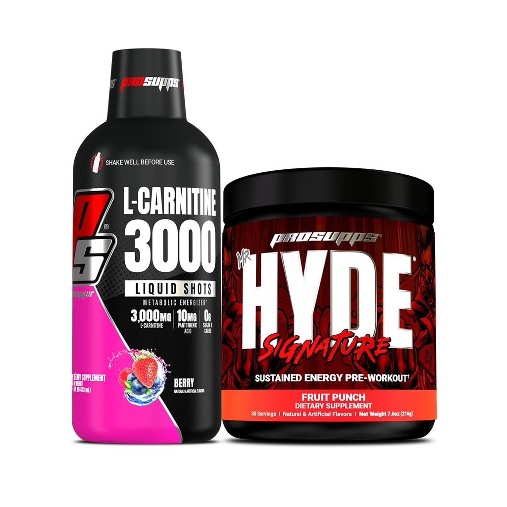 PROSUFPS L- karnitin 3000 Stimulant Volný tekuté střely (Berry) a pan Hyde Signature Series Pre- Workout Energy Powerded Drink (ovocný punč) Bundle