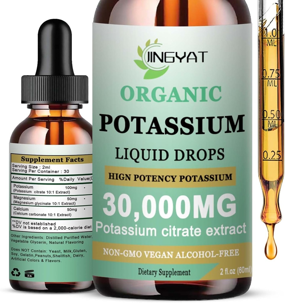 Draslík Magnesium Tekuté Kapky - Organický tekutý dodatek - Vysoká absorpce Draslík Citrát 1000mg Magnesium Glycinát 500 mg vápník pro srdce, Kolenní křeče a svaly - Non- GMO, Vegan, 2 oz