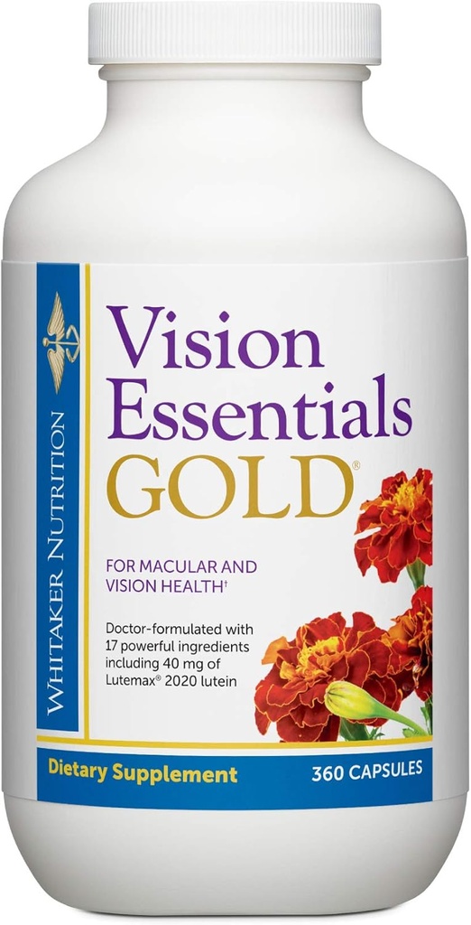 Dr. Whitaker Vision Esentials Gold - Doplněk pro oční zdraví s 40 mg Lutein Plus vitaminu A & Zeaxanthinu - Podporuje makulární zdraví a štíty oči proti modré světlo expozice (360 Kapsle)