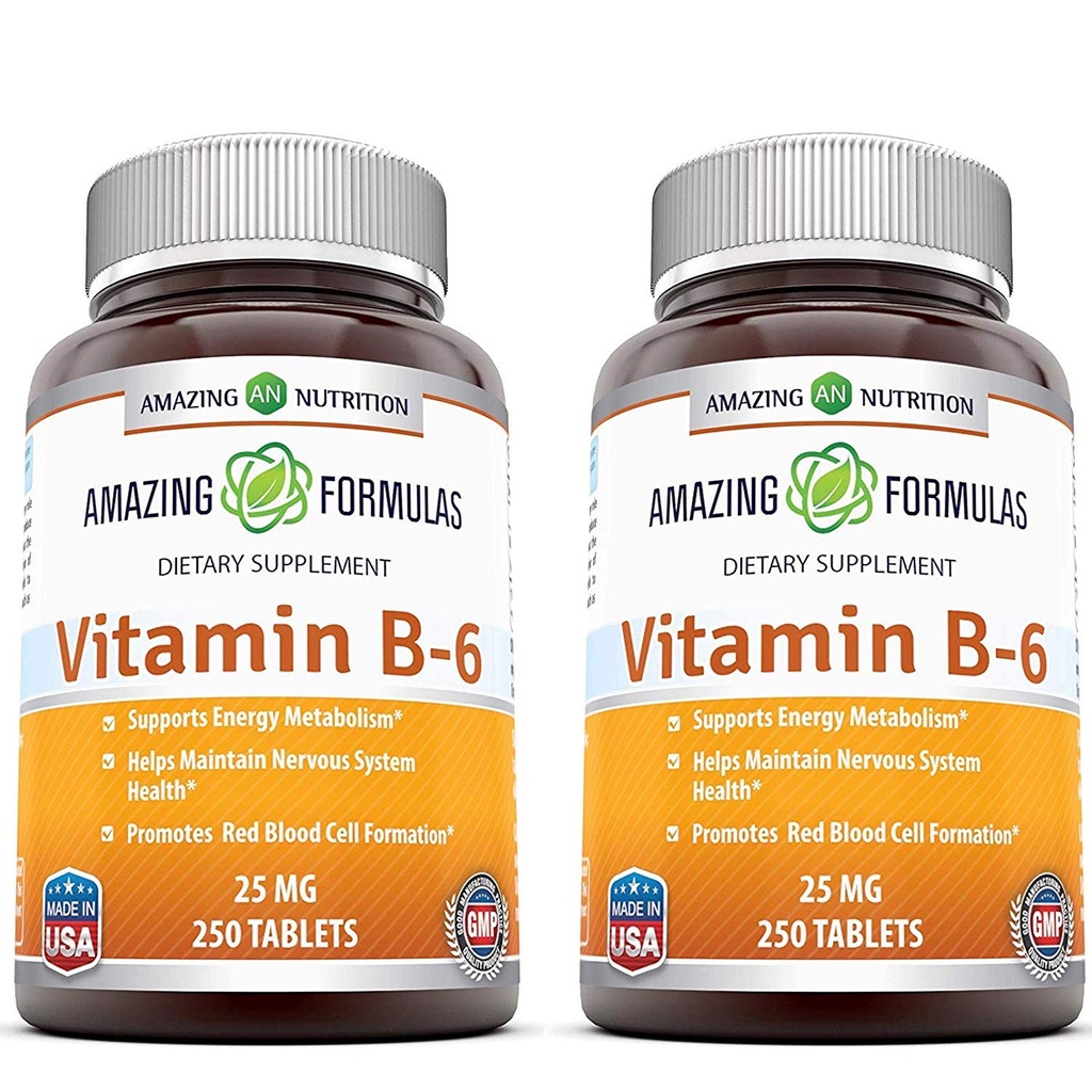 Amazing Vitamín B6 Pyridoxin 25mg 250 Tablet Dodatek 124; Non- GMO 124; Gluten zdarma 124; Made in USA (2 Pack)