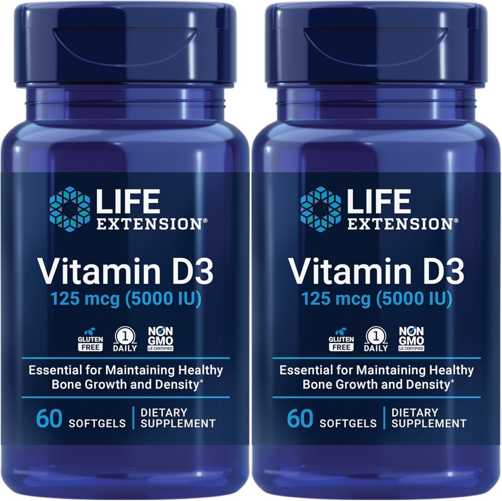 Life Extension Vitamin D3 125 Mcg (5000 I) - Podporuje zdraví kostí, zdraví mozku a imunitní funkce - Non- GMO - Gluten- Free - Two Pack - 2 x 60 Softgels