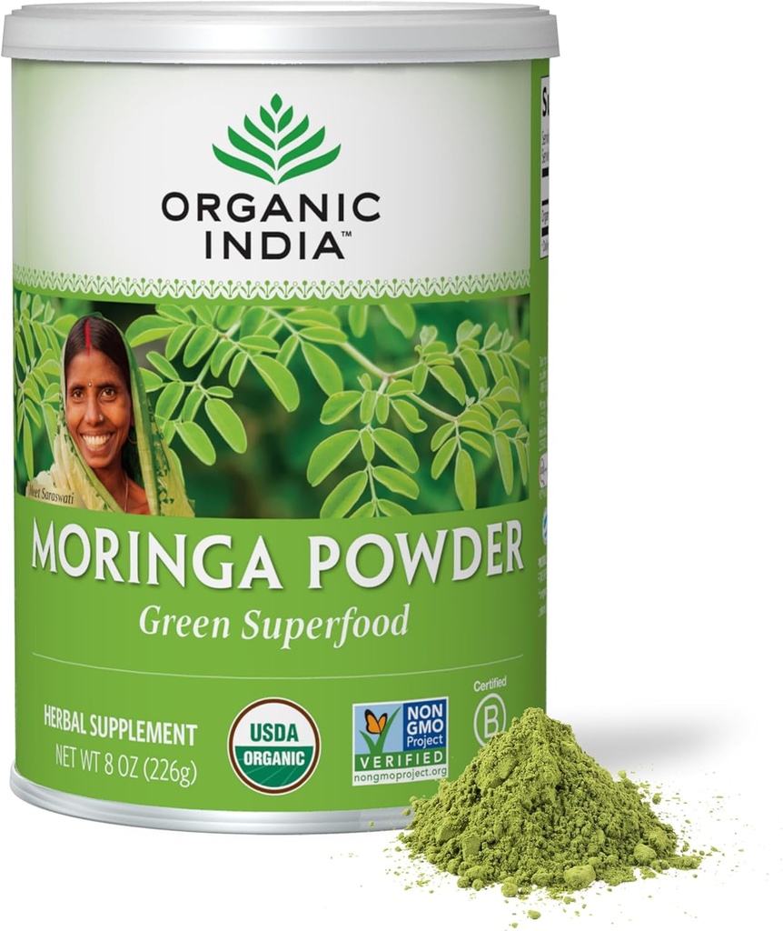 ORGANICKÁ INDIA Moringa Powder - Moringa Oleifera Leaf Herbal Supplement, Green Superfood, Nutrient Dense, Pure Plant Protein, Vitamin A, E, K, železo, vápník, Vláknina, Vegan, USDA Certified Organic - 8 oz