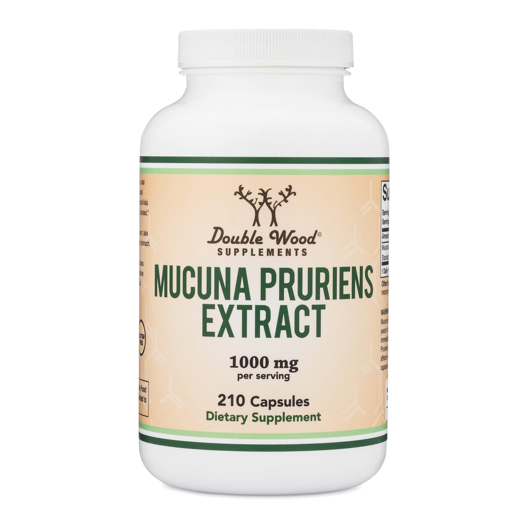 Mucuna Pruriens Extract Kapsle - Dopamin Booing Dodatek - 210 Počet, 1,000mg per Serving, 20% (od Velvet Bean) (pro nálady a motivace) Třetí strana Testována Double Wood