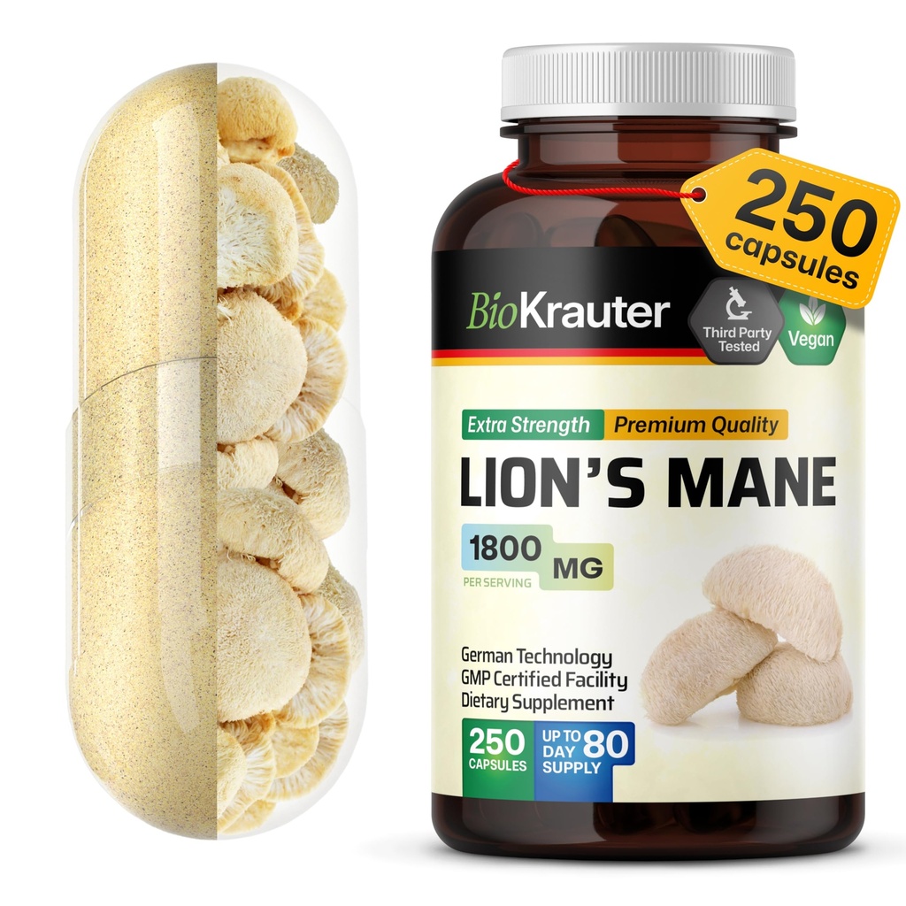 BIO KRAUTER Lions Mane Dodatek Kapsle 1800 mg - 250 Hrabě - Vegan Lions Mane Powder Dodatek pro podporu mozku - 3 měsíce Dodávka - Žádné Fillers