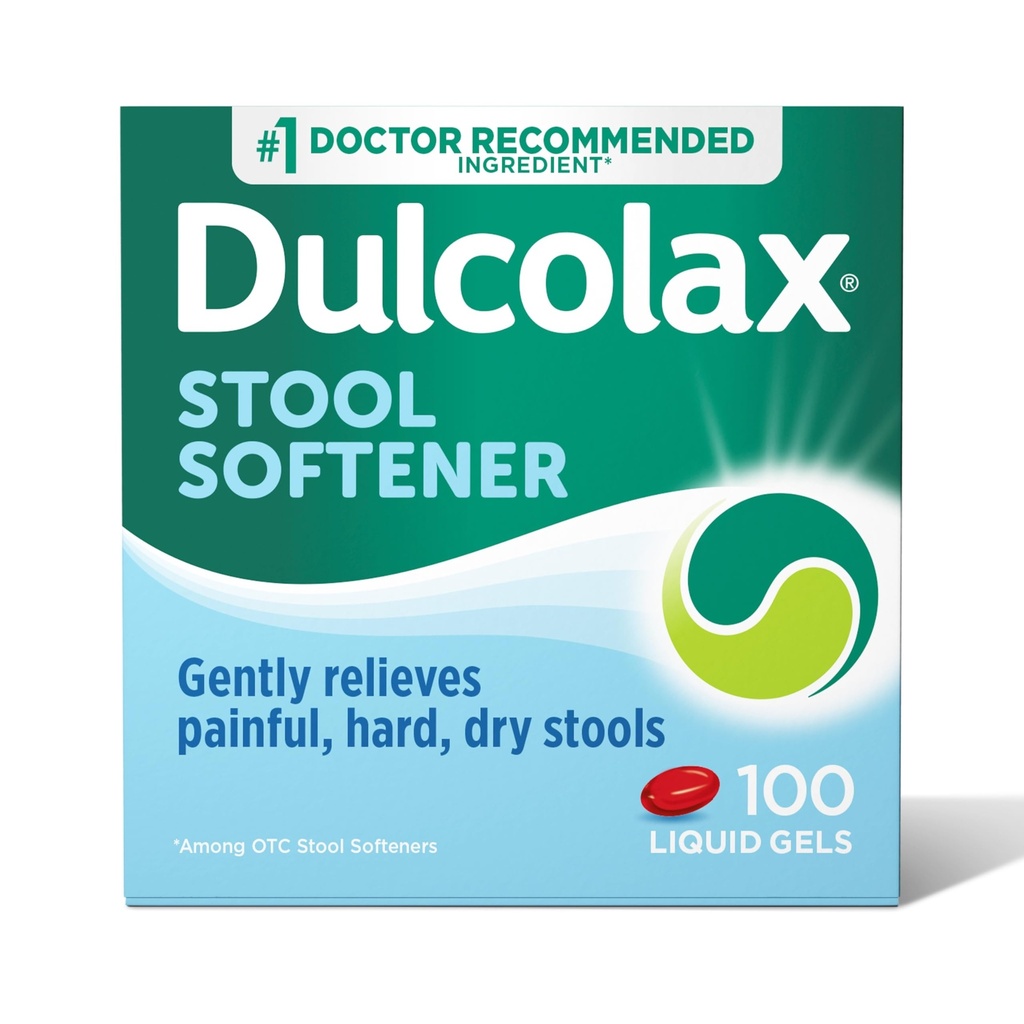 Dulcolax Stool Softener Laxative Liquid Gel Kapsle, Gentle Constolly Relief for Hard, Such Stools, Docusate Sodium 100 mg, 100 Počet