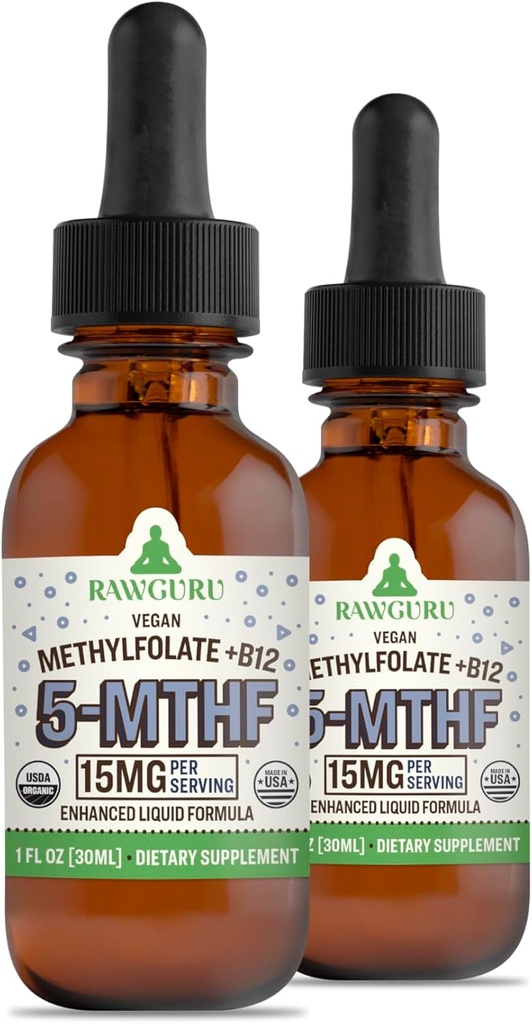 RawGuru L- methylfolát 15 mg + vitamin B12 - Organic Vegan Metylovaný B12 s stopovými minerály - Nano- Zpracovaný a vylepšený tekutý vzorec - 300 Servings Vegan Drops na 30 ml, Balení po 2