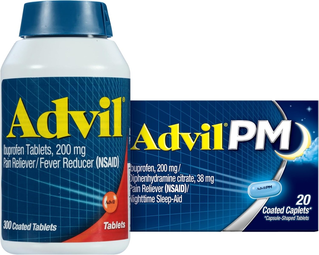Advil Pain Reliever and Fever Reducer, Ibuprofen 200mg for Pain Relief - 300 Count, Advil PM Pain Reliever and Nighttime Sleep Aid, Ibuprofen for Pain Relief and Difenhydramine Citrate - 20 Count