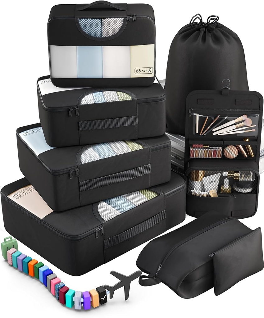 Veken 10 set / 8 Set Balení kuby pro cestovní Essentials, Kufr Pořadatel tašky ve 4 velikosti, Carry- na zavazadla příslušenství s velkým prádelna & toaletní taška, Mustbeal pro letadlo, Road Trip & Camping