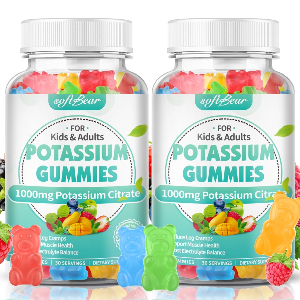 softbear kalium Citrát gumies, vysoká potence kalium Citrát 1000mg podporuje křeče nohou a svalů zdraví draslík gumičky pro dospělé a děti smíšené ovocné příchutě 120 Počet