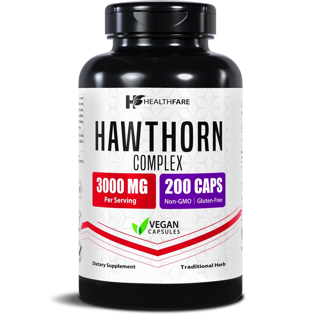 Healthfare Hawthorn Berry Supplement Extract 3000mg 640; Extra Strength Bylinné Formule 124; 200 Vegan Kapsle 124; Podporuje srdce a oběhové zdraví 124; Non- GMO, gluten- Free 124; Made in USA
