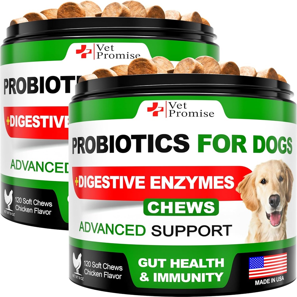 (2 Pack) Probiotika pro psy - Psí probiotika a trávicí enzymy pro Gut Health, Itchy Skin, Alergie, Imunita, Kvasinková rovnováha - Prebiotika - Snížit průjem, plyn - 240 Probiotické žvýkání pro psy