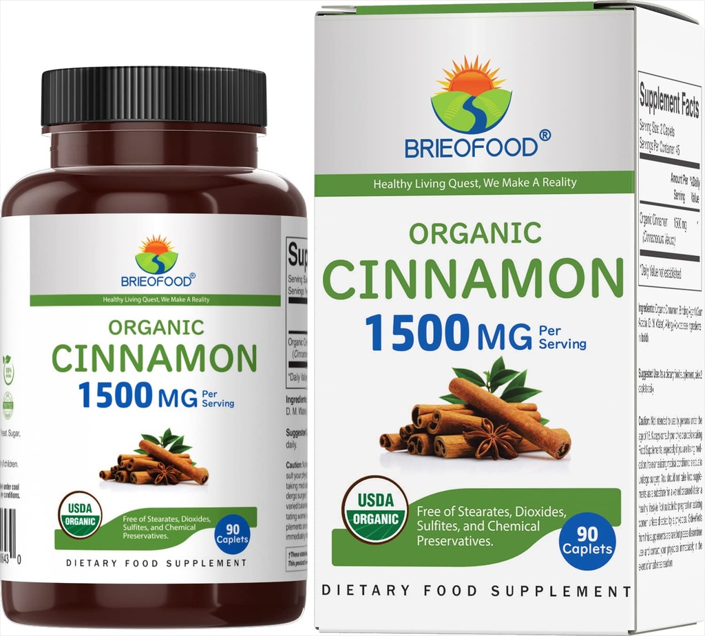 Brieofood Organic Cinnamon 1500mg, 45 Servings, Vegetarian, gluten Free, 90 Vegetarian Tablety