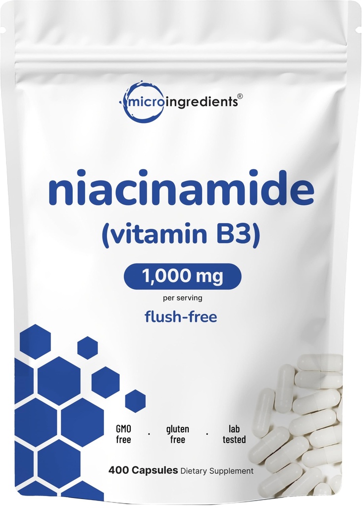 Vitamin B3 Niacinamid 500mg per Capsule, 400 Kapsle 124; 1,000mg Flush Free Niacin per Serving, Essential B vitamin Supplement PHAR124; Kožní péče Zdraví a podpora energie PHAR124; Non- GMO, gluten zdarma