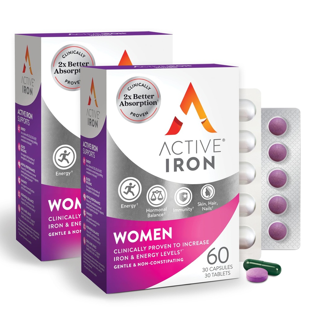Active Iron Supplement 25mg + Multivitamin pro ženy - Klinicky osvědčený pro zvýšení energie a snížení únavy - Gentle, Non- Constipating Iron + Ženský Multivitamin - 60 Kapsle + 60 Tablety
